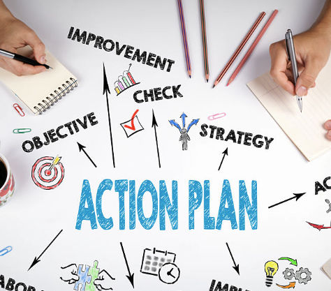 Action plan diagram with strategy, objectives, and improvement for email marketing